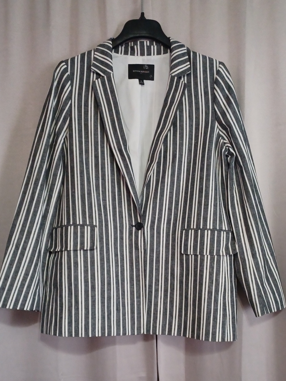 Banana Republic Linen Cotton Single Button Boyfriend Blazer Gray Stripe Sz 12